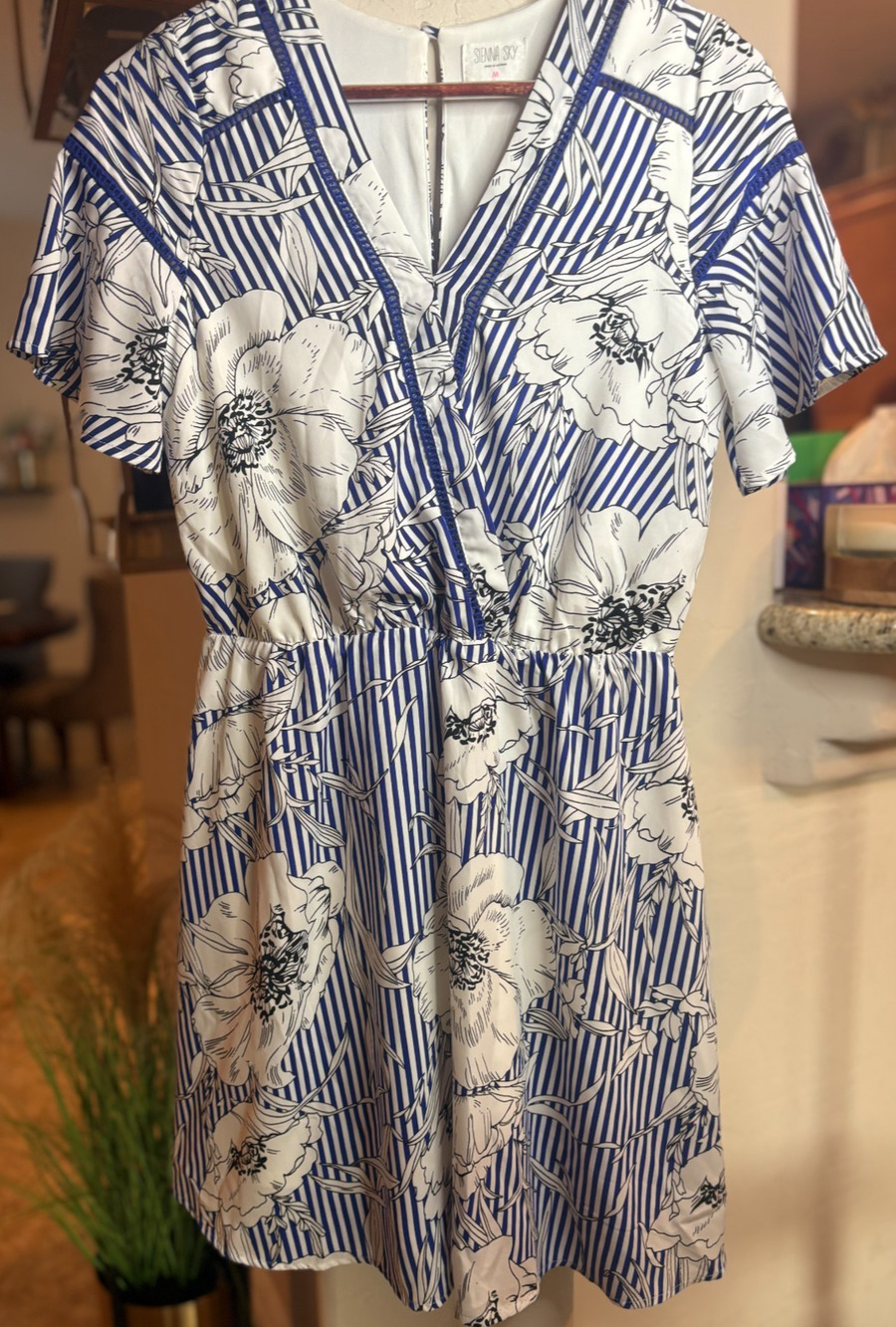 Sienna Sky Dress Medium Cute Summer Blue White Stripes Floral Short Sleeve